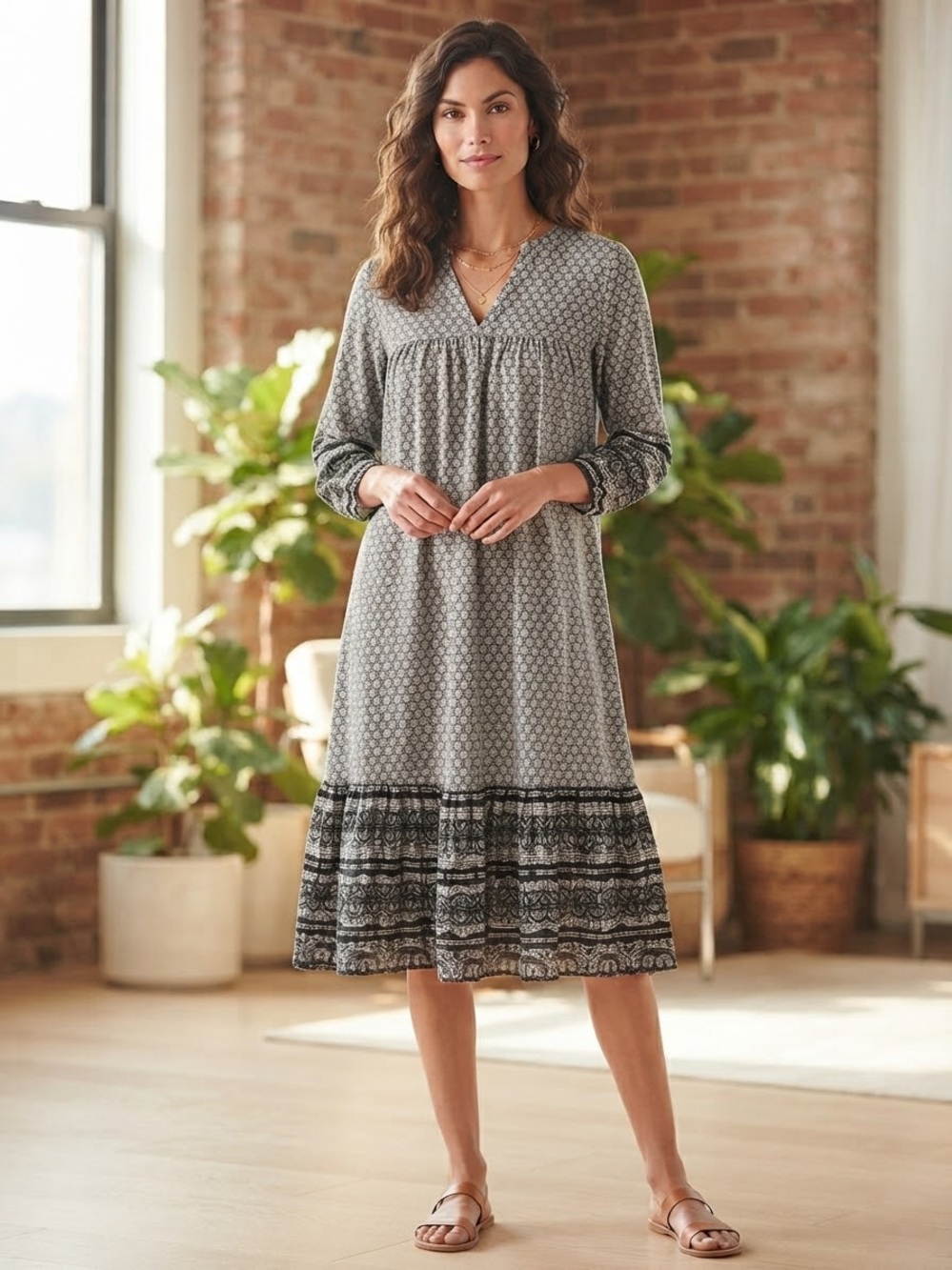 Anna Sui Grey Printed V‑Neck Midi Dress with Border Hem